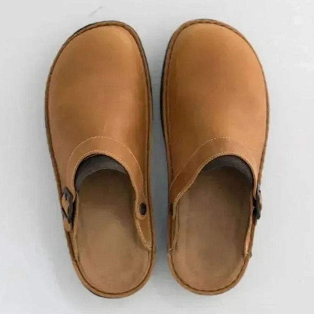 Women's Oiled Leather Buckle-Strap Slip-On Mule Clogs