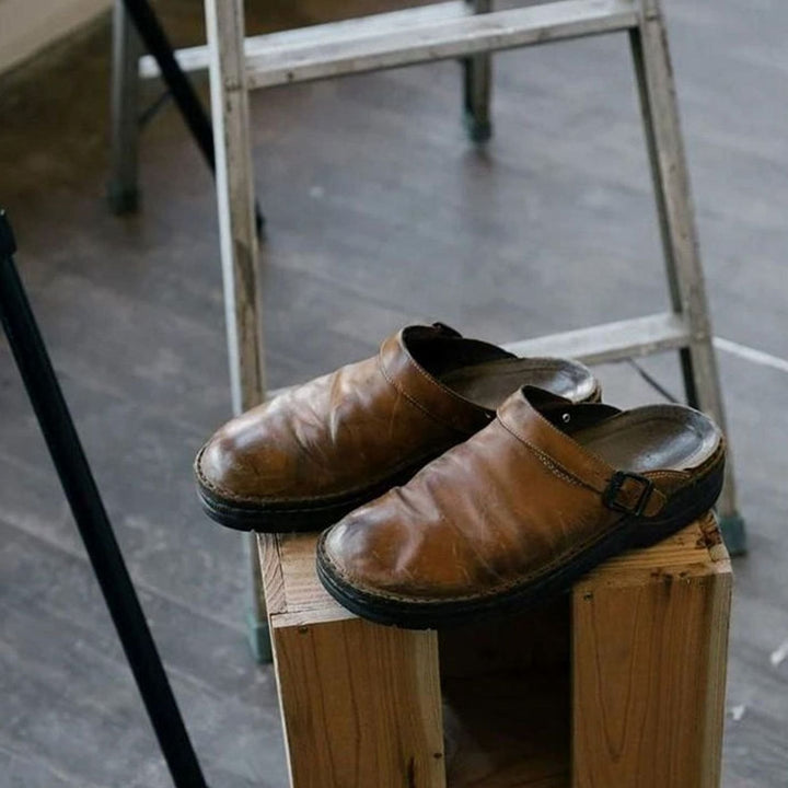 Women's Oiled Leather Buckle-Strap Slip-On Mule Clogs