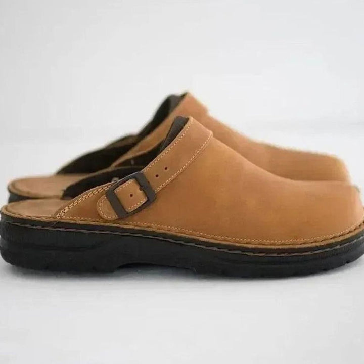 Women's Oiled Leather Buckle-Strap Slip-On Mule Clogs