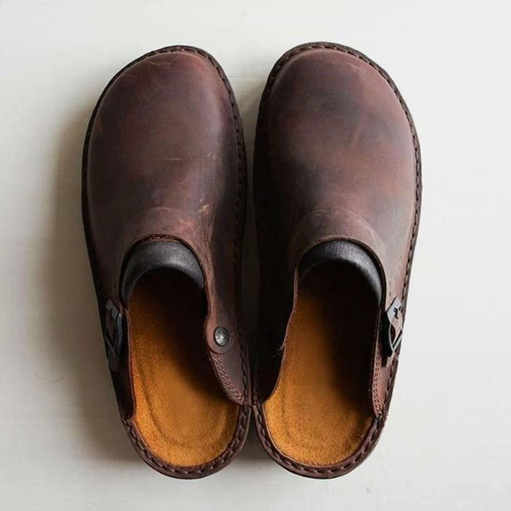 Women's Oiled Leather Buckle-Strap Slip-On Mule Clogs