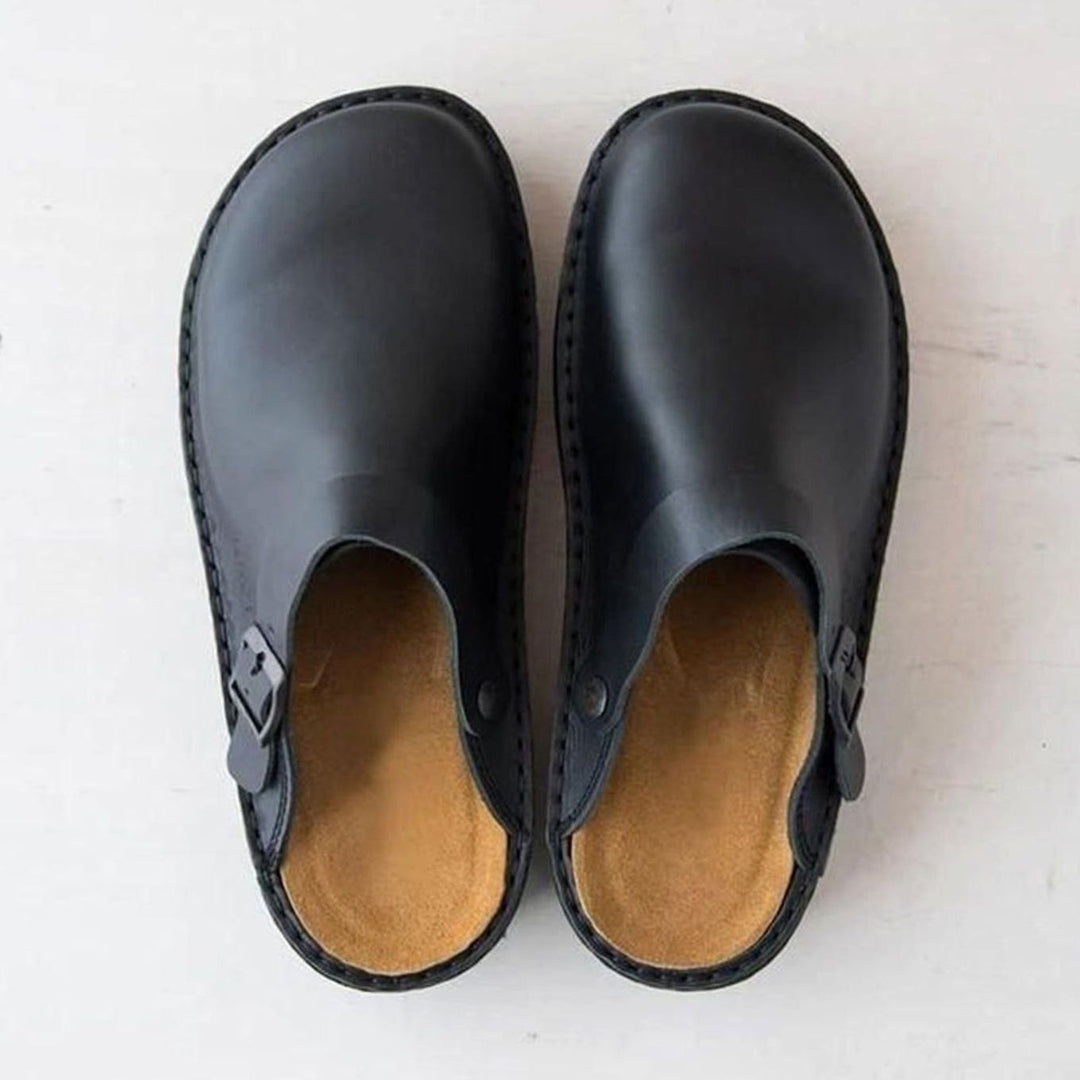 Women's Oiled Leather Buckle-Strap Slip-On Mule Clogs