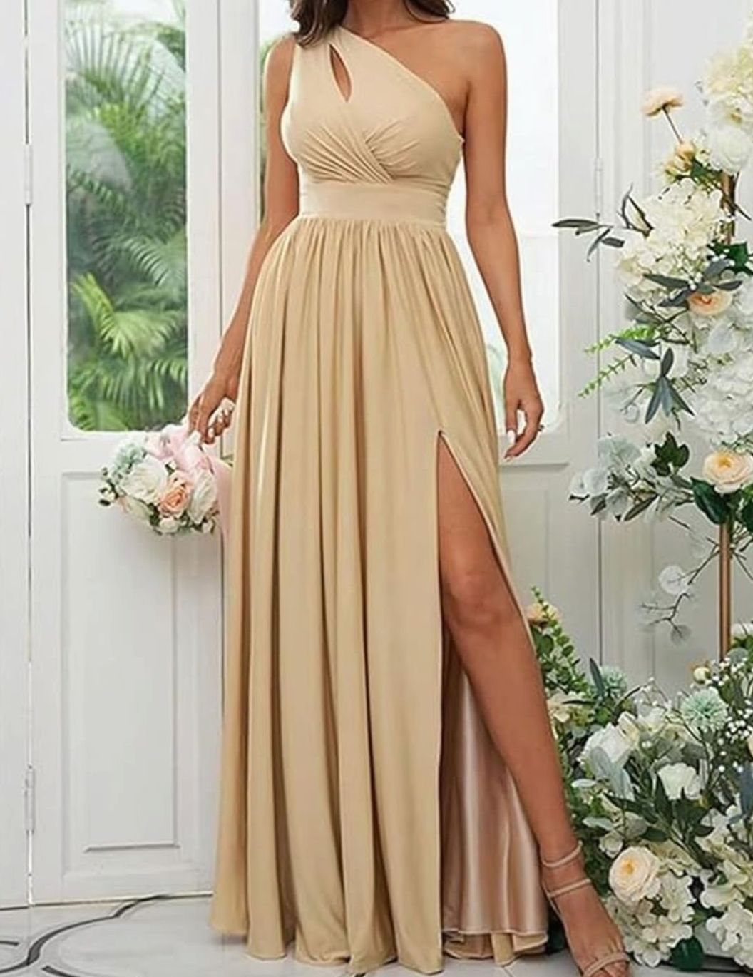 Women's One-Shoulder Cut-Out Ruched Maxi Dress High Slit