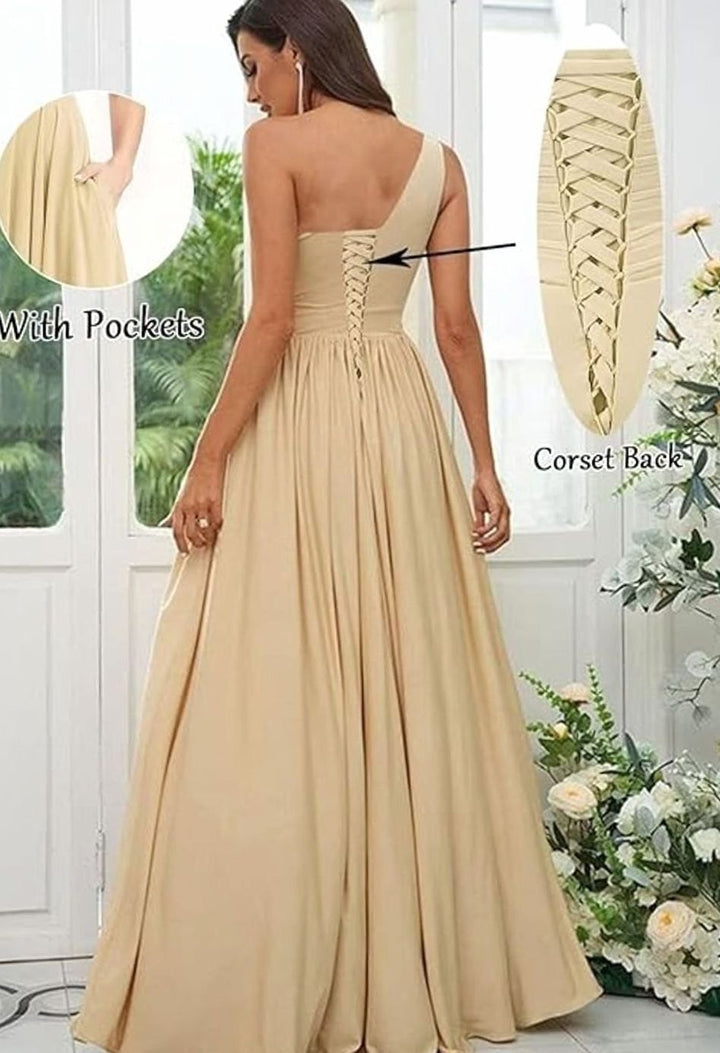 Women's One-Shoulder Cut-Out Ruched Maxi Dress High Slit