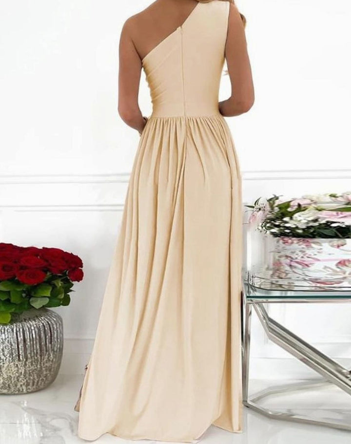 Women's One-Shoulder Cut-Out Ruched Maxi Dress High Slit
