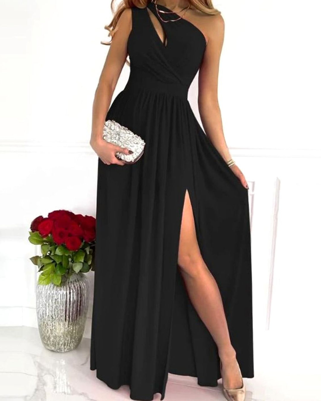 Women's One-Shoulder Cut-Out Ruched Maxi Dress High Slit - Black