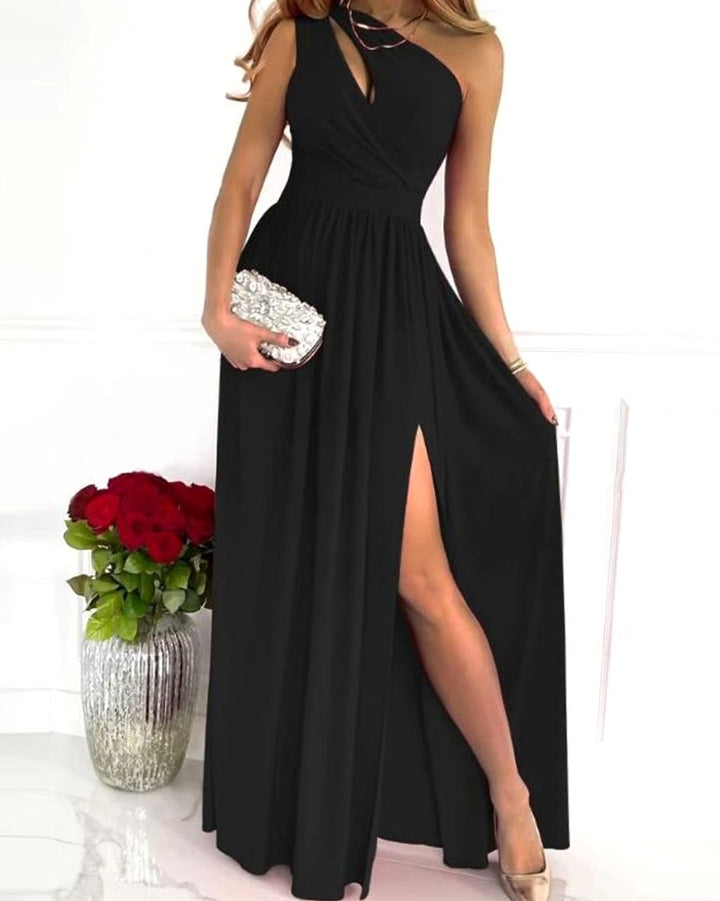 Women's One-Shoulder Cut-Out Ruched Maxi Dress High Slit - Black