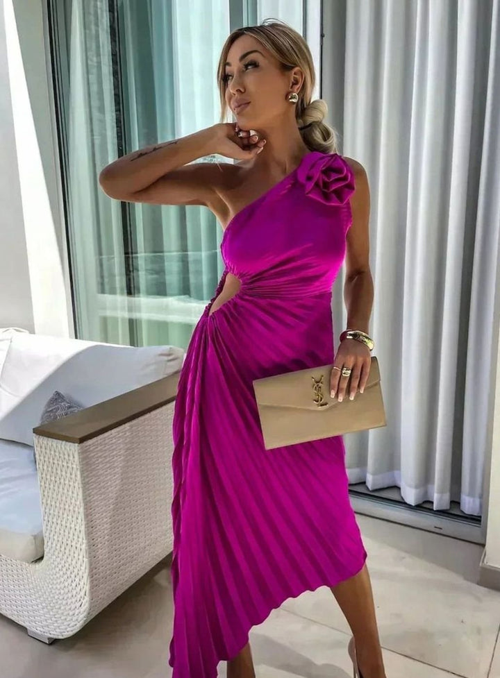 Women's One-Shoulder Pleated Midi Dress Rose Cut-Out Detail