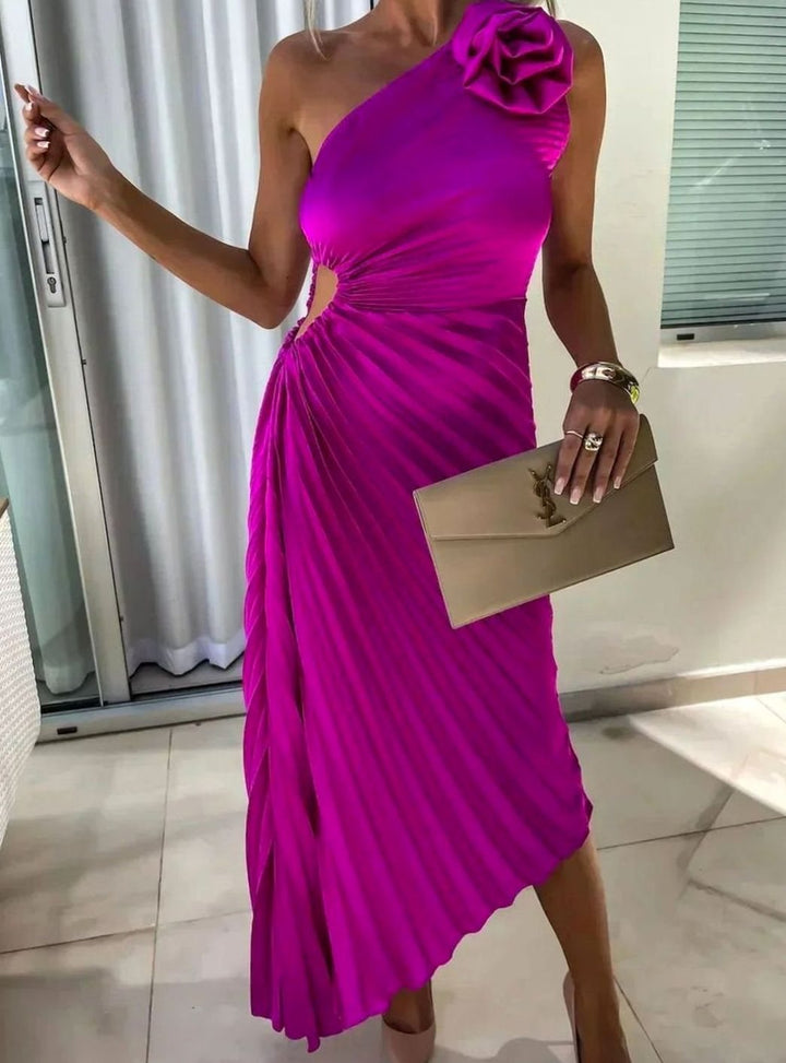 Women's One-Shoulder Pleated Midi Dress Rose Cut-Out Detail