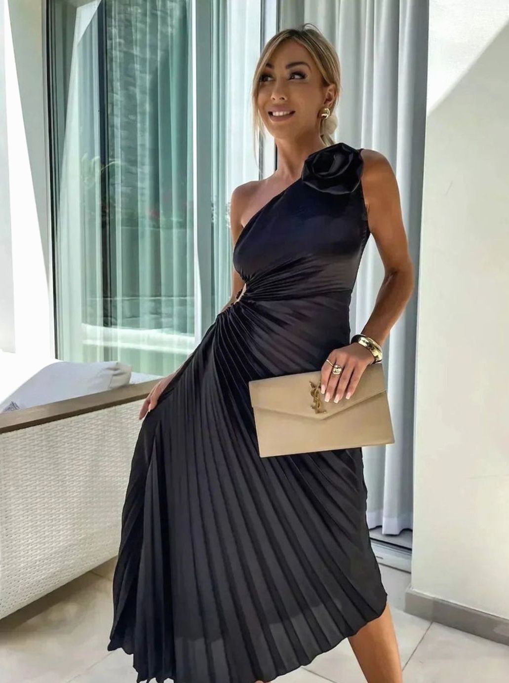 Women's One-Shoulder Pleated Midi Dress Rose Cut-Out Detail
