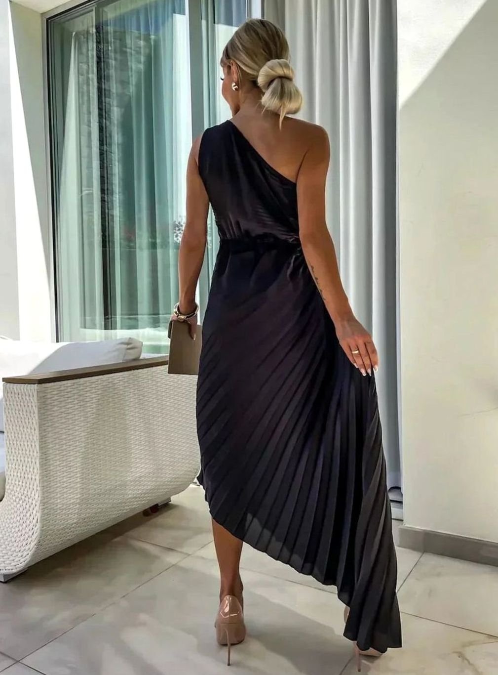 Women's One-Shoulder Pleated Midi Dress Rose Cut-Out Detail