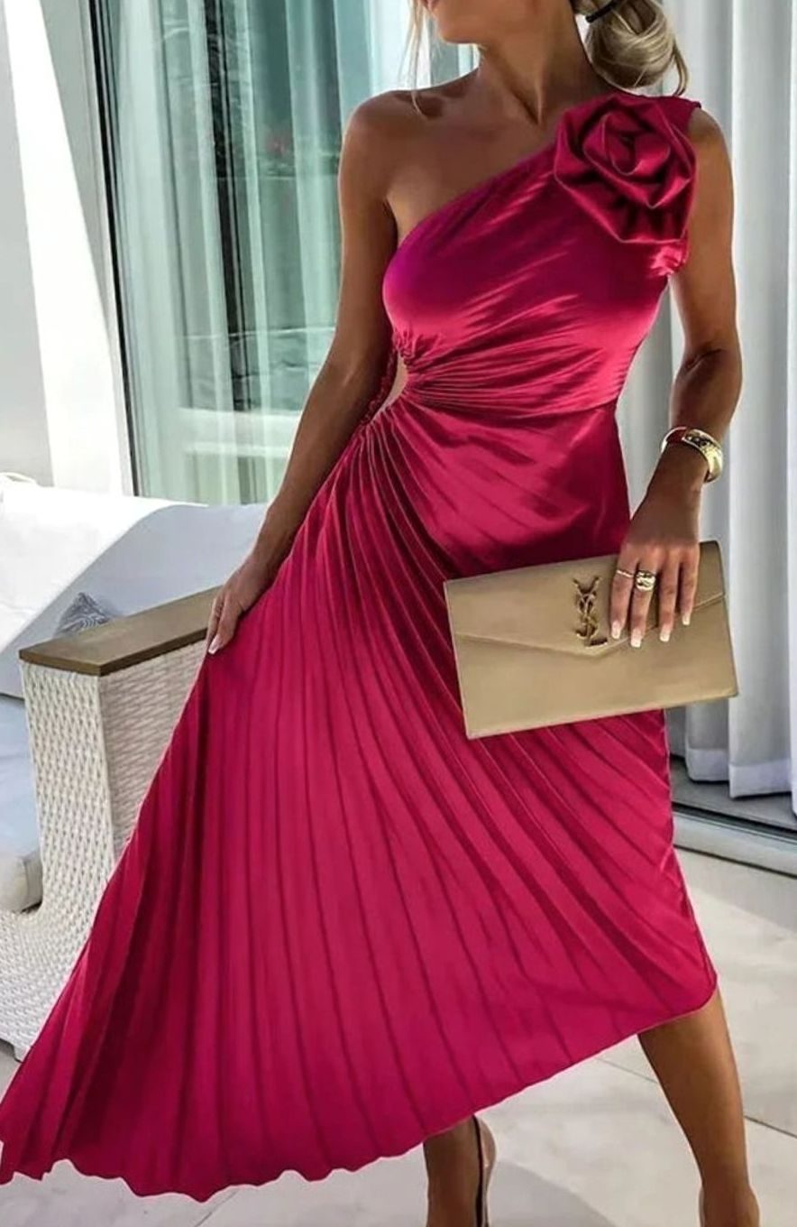 Women's One-Shoulder Pleated Midi Dress Rose Cut-Out Detail