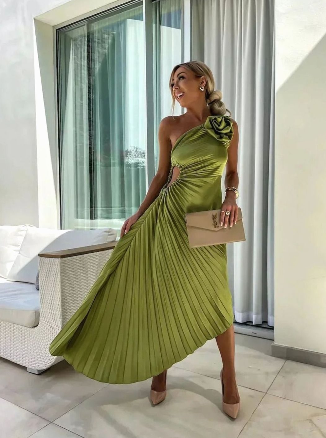 Women's One-Shoulder Pleated Midi Dress Rose Cut-Out Detail