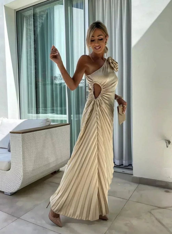 Women's One-Shoulder Pleated Midi Dress Rose Cut-Out Detail