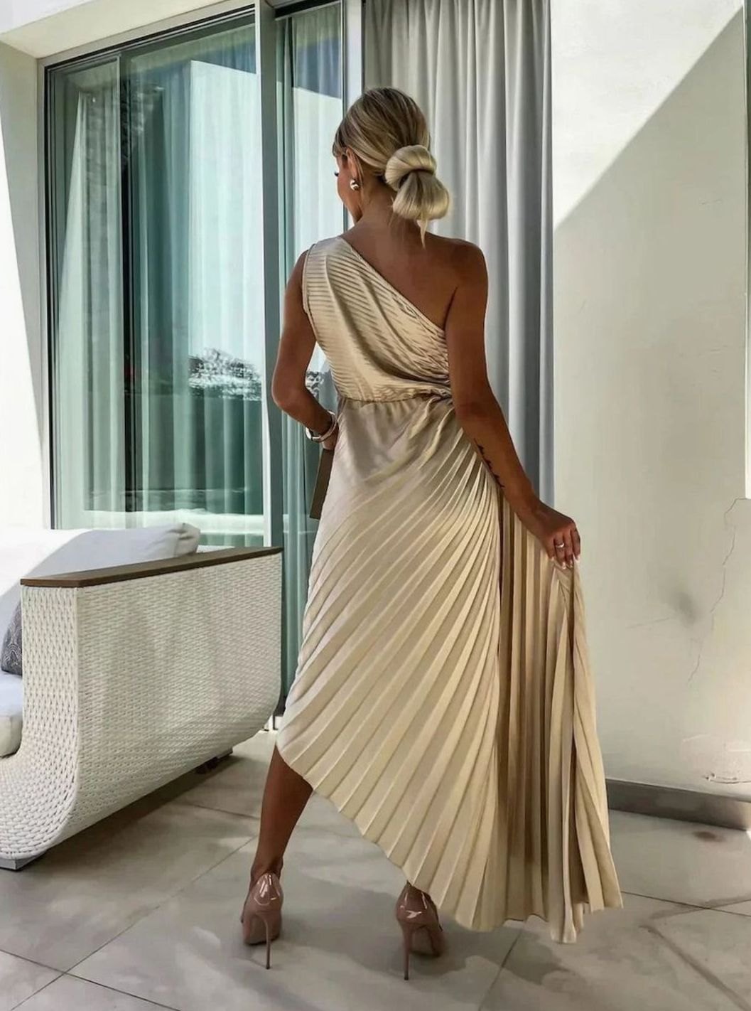 Women's One-Shoulder Pleated Midi Dress Rose Cut-Out Detail