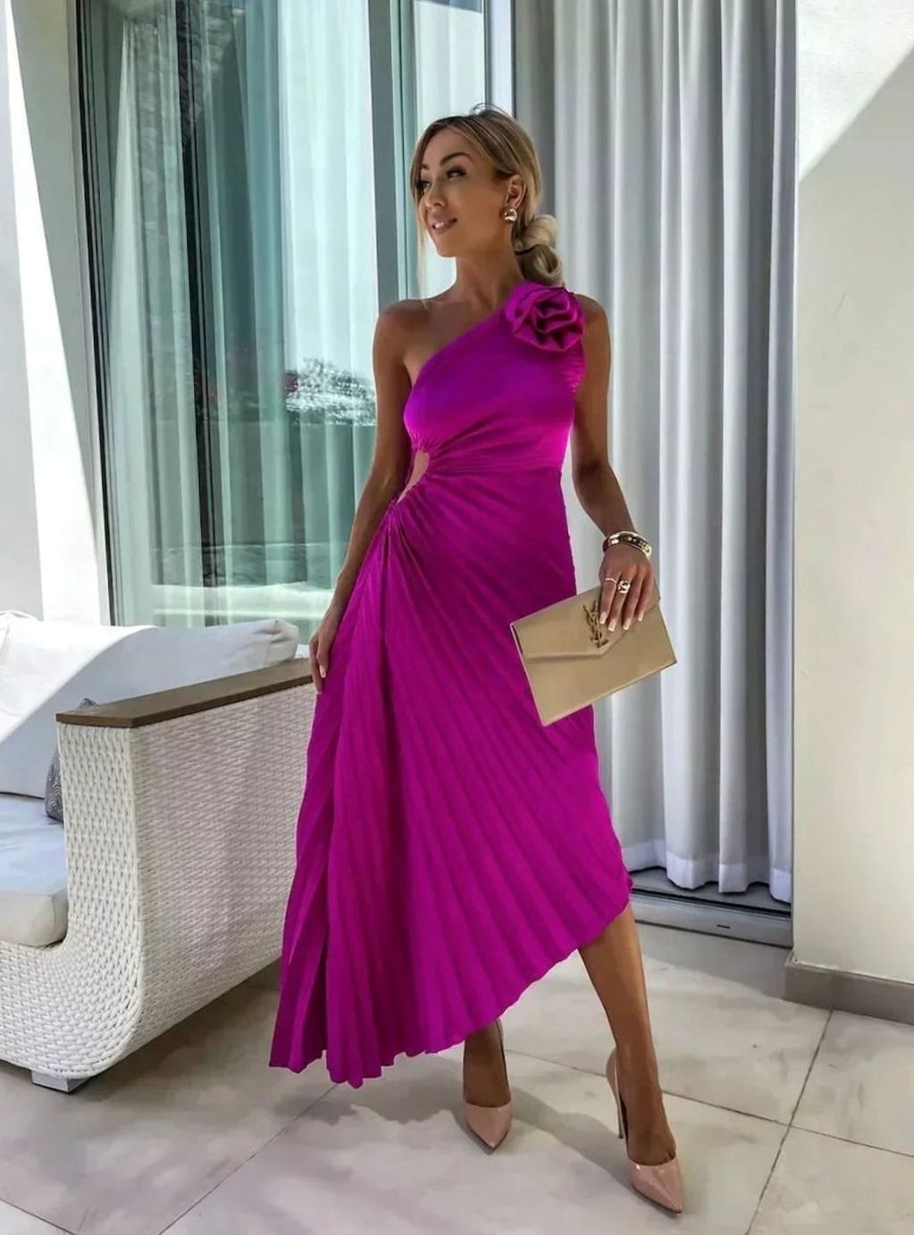 Women's One-Shoulder Pleated Midi Dress Rose Cut-Out Detail