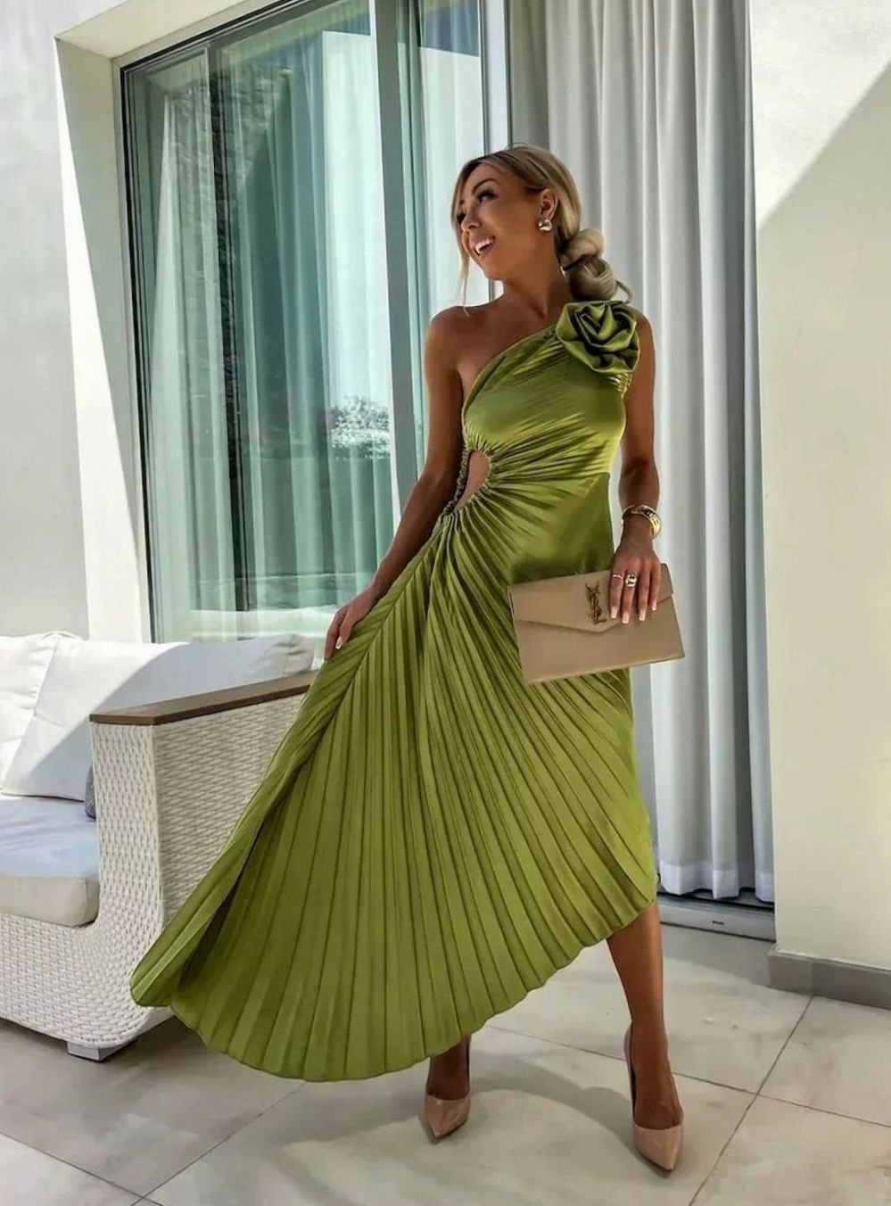 Women's One-Shoulder Pleated Midi Dress Rose Cut-Out Detail, Olive Green