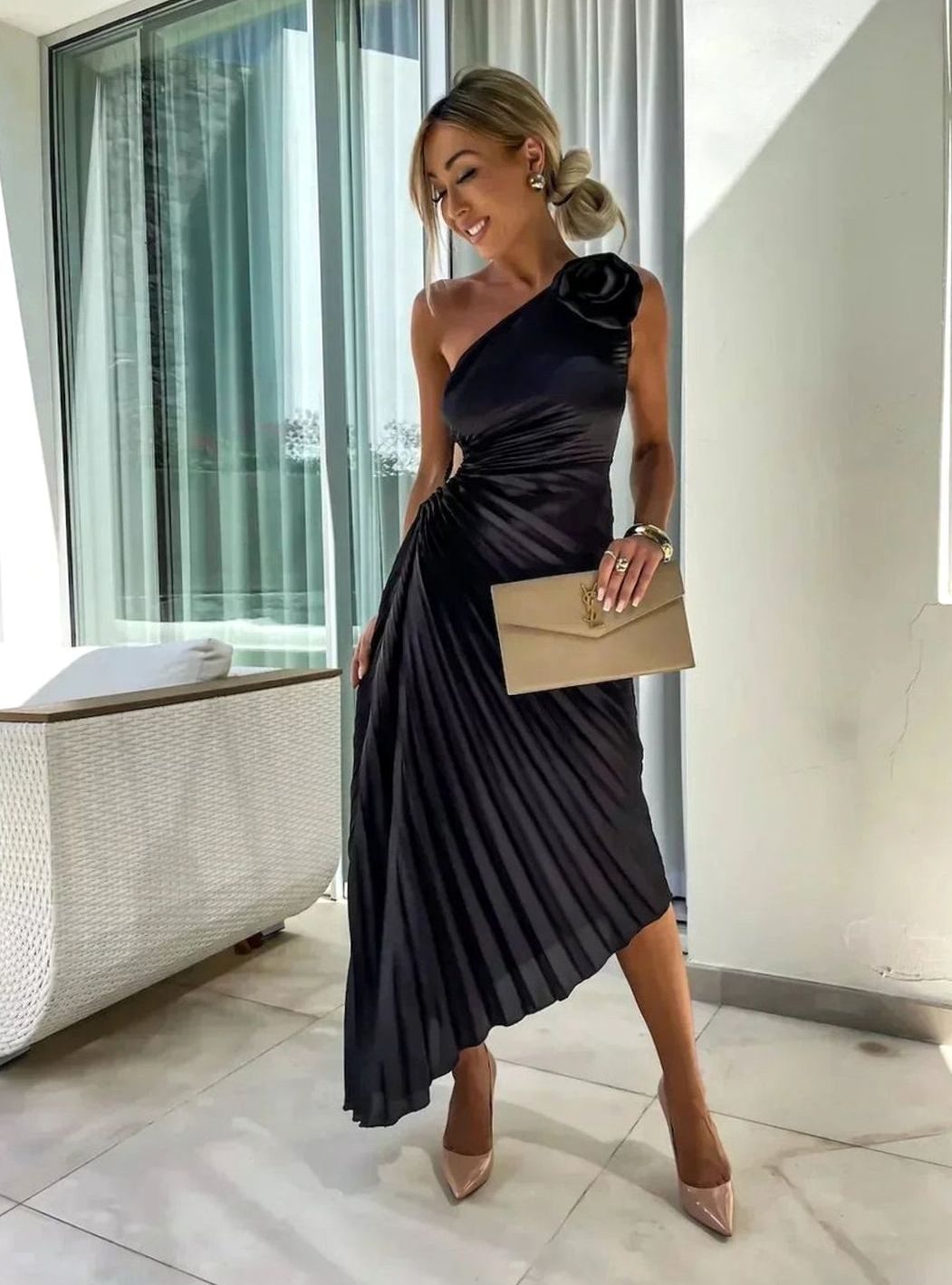 Women's One-Shoulder Pleated Midi Dress Rose Cut-Out Detail, Olive Green