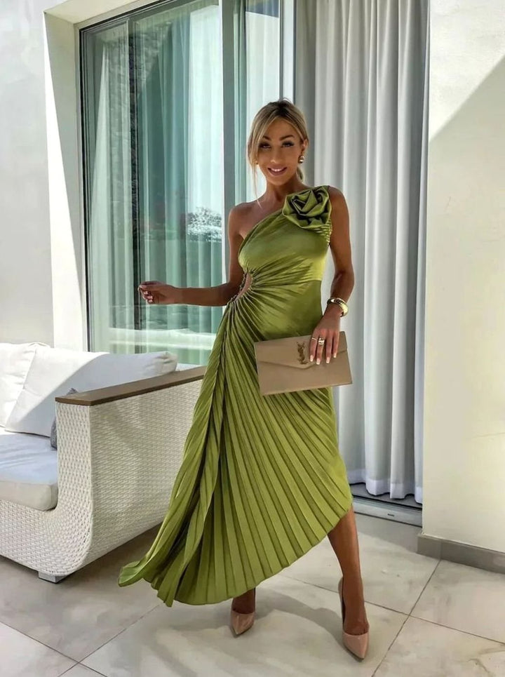 Women's One-Shoulder Pleated Midi Dress Rose Cut-Out Detail, Olive Green