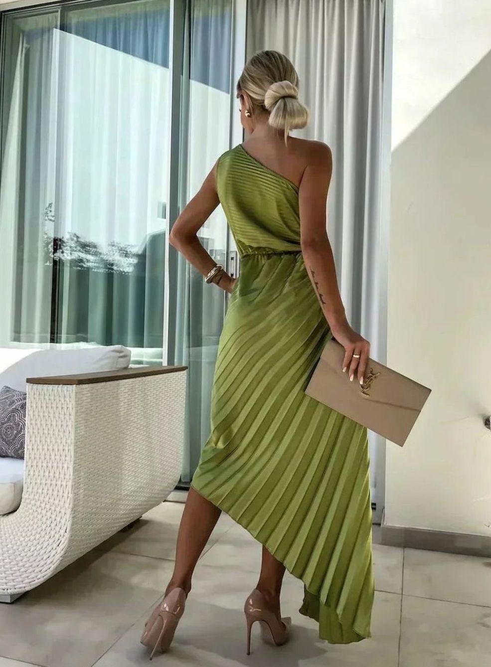 Women's One-Shoulder Pleated Midi Dress Rose Cut-Out Detail, Olive Green