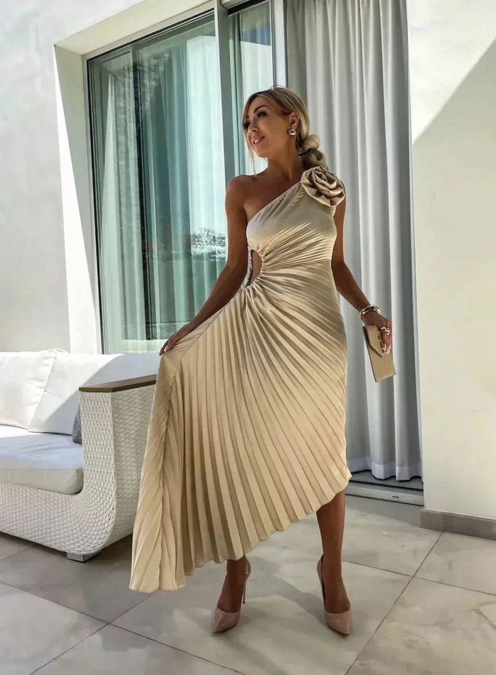 Women's One-Shoulder Pleated Midi Dress Rose Cut-Out Detail, Olive Green