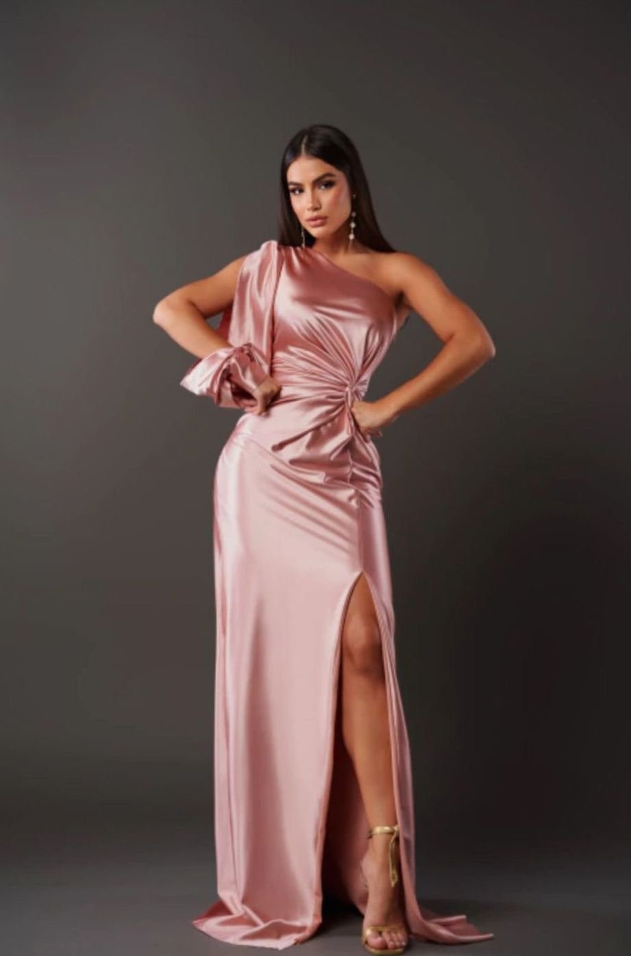 Women's One-Shoulder Satin Maxi Evening Gown - Pink