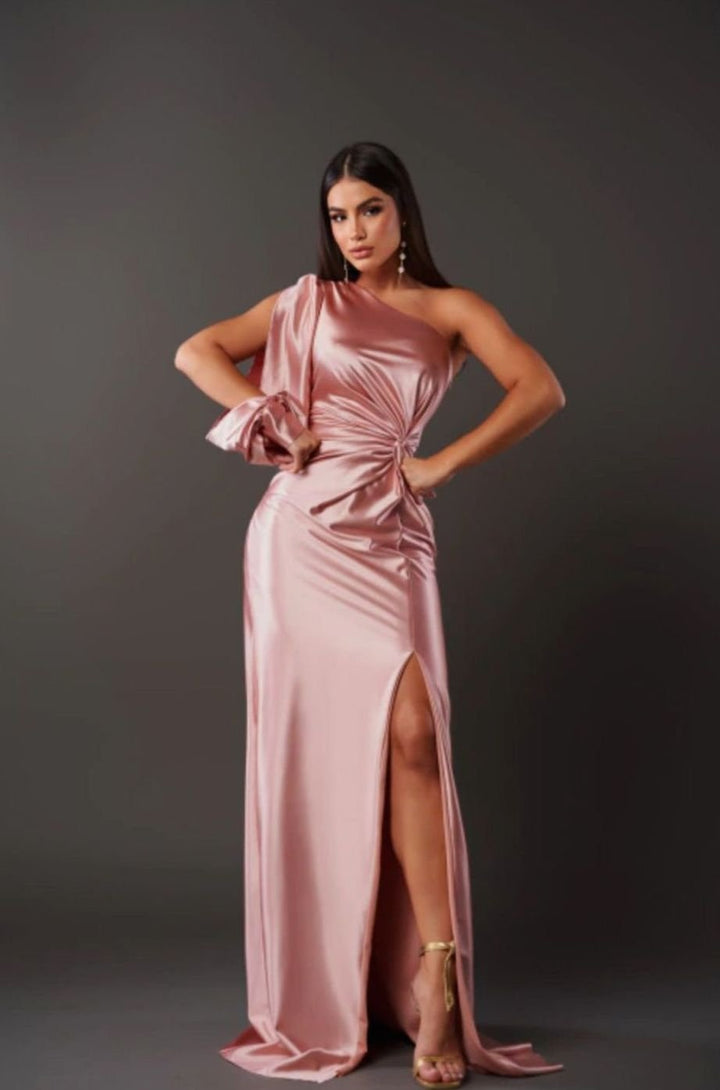 Women's One-Shoulder Satin Maxi Evening Gown - Pink