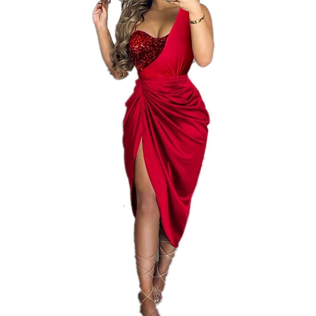 Women's One-Shoulder Sequin Ruched High-Split Midi Dress - Red