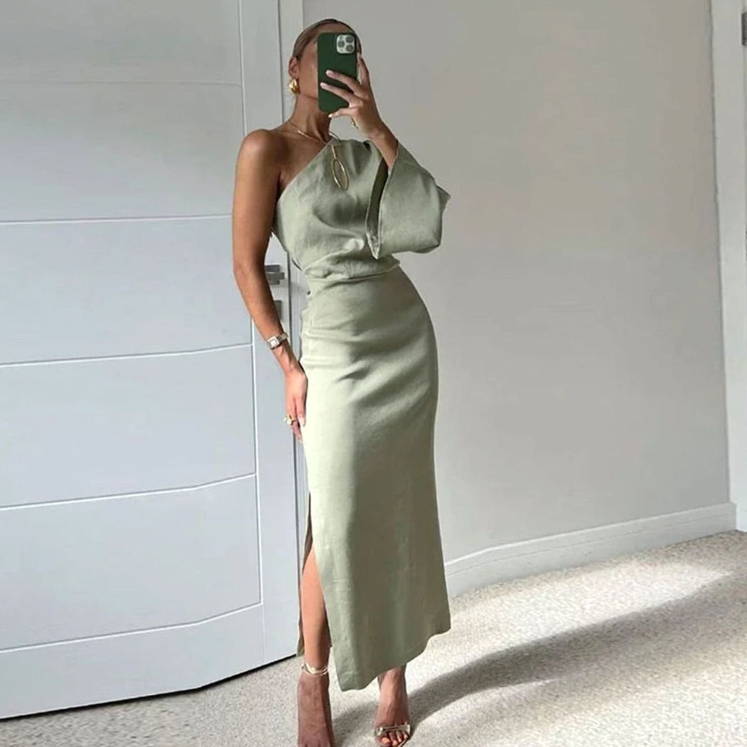 Women's One-Shoulder Side-Slit Midi Dress, Sage Green