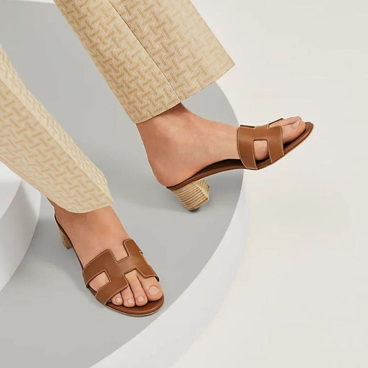Women's Open-Toe Slip-On Leather Block-Heel Mule Sandals