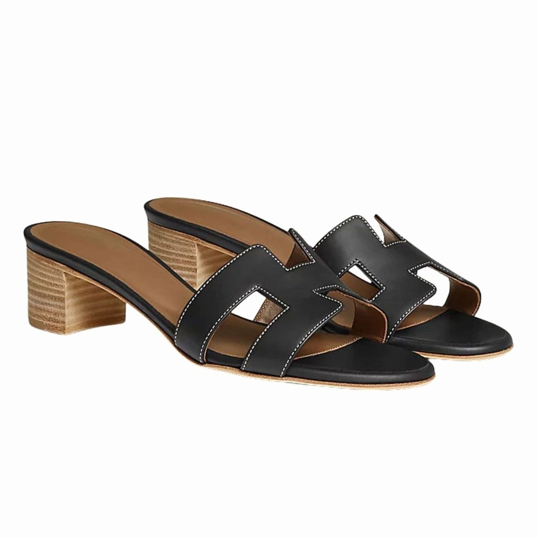 Women's Open-Toe Slip-On Leather Block-Heel Mule Sandals