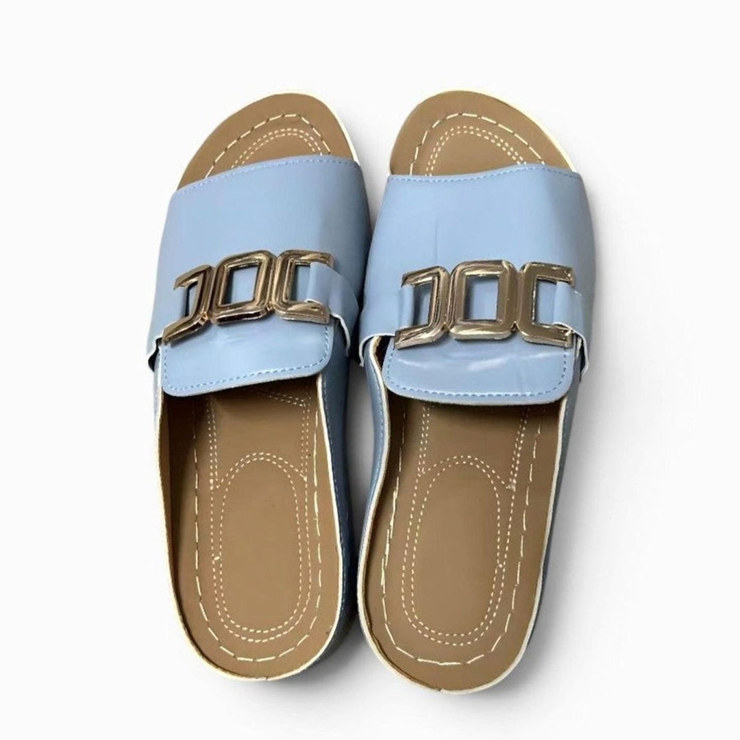 Women's Open-Toe Wedge Heel Slip-On Mules Gold Chain Buckle