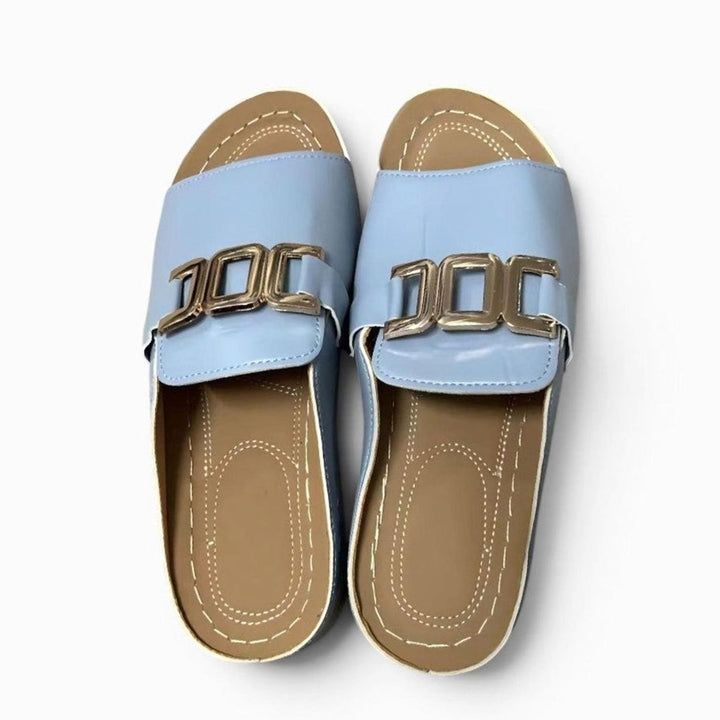 Women's Open-Toe Wedge Heel Slip-On Mules Gold Chain Buckle