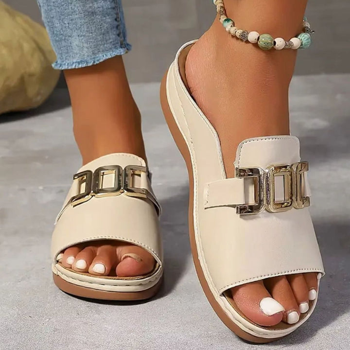 Women's Open-Toe Wedge Heel Slip-On Mules Gold Chain Buckle