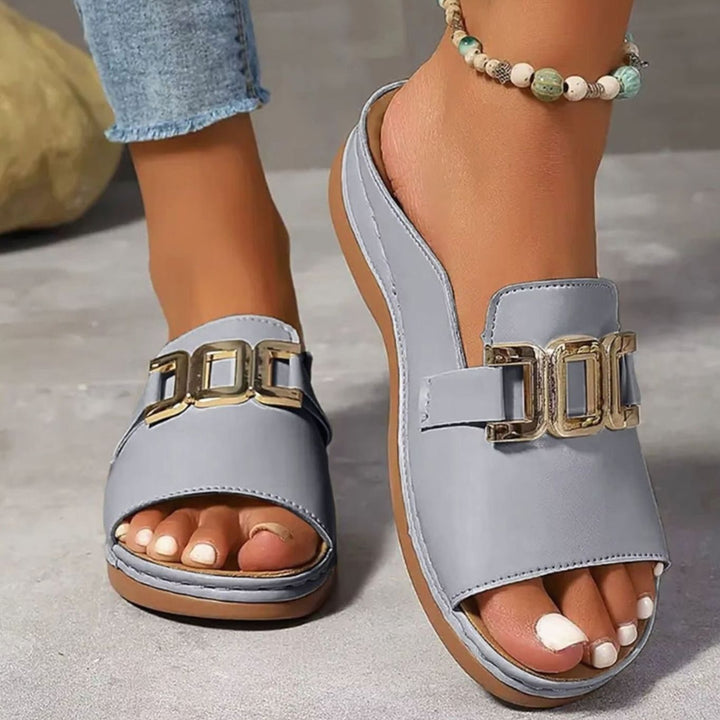 Women's Open-Toe Wedge Heel Slip-On Mules Gold Chain Buckle
