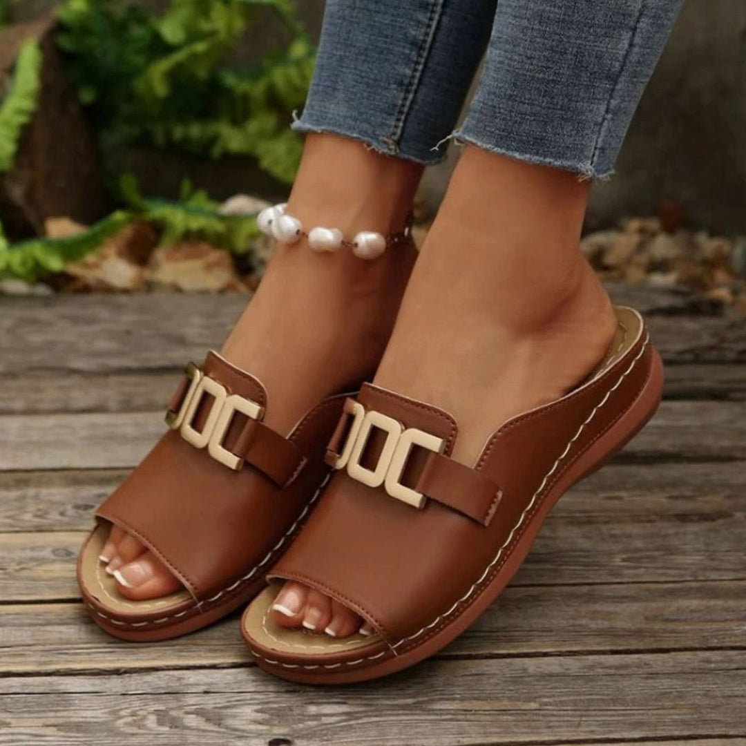 Women's Open-Toe Wedge Heel Slip-On Mules Gold Chain Buckle