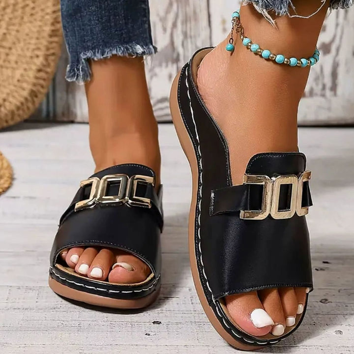 Women's Open-Toe Wedge Heel Slip-On Mules Gold Chain Buckle