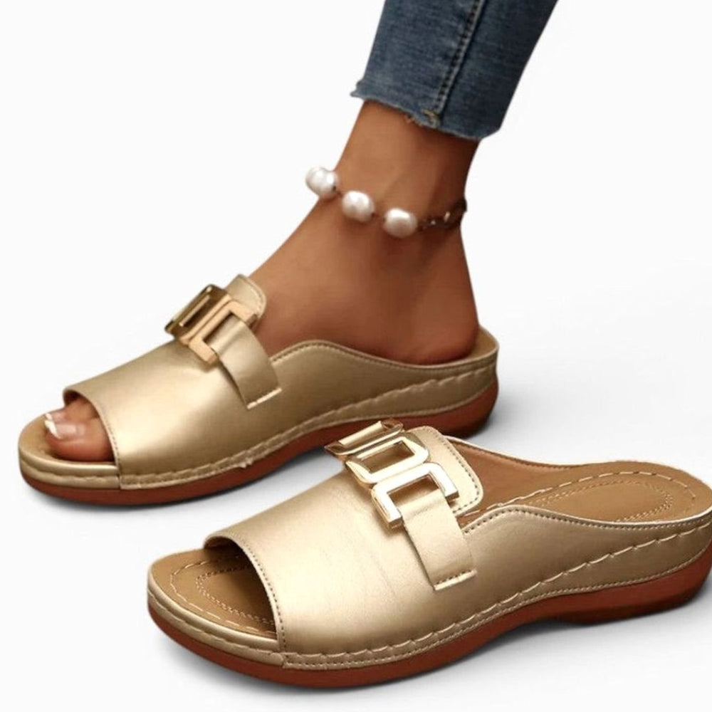 Women's Open-Toe Wedge Heel Slip-On Mules Gold Chain Buckle