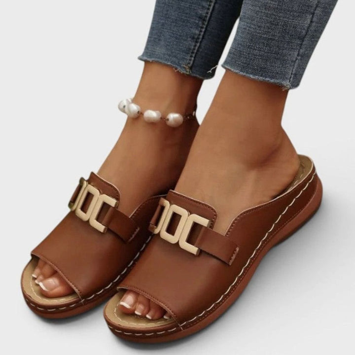 Women's Open-Toe Wedge Heel Slip-On Mules Gold Chain Buckle