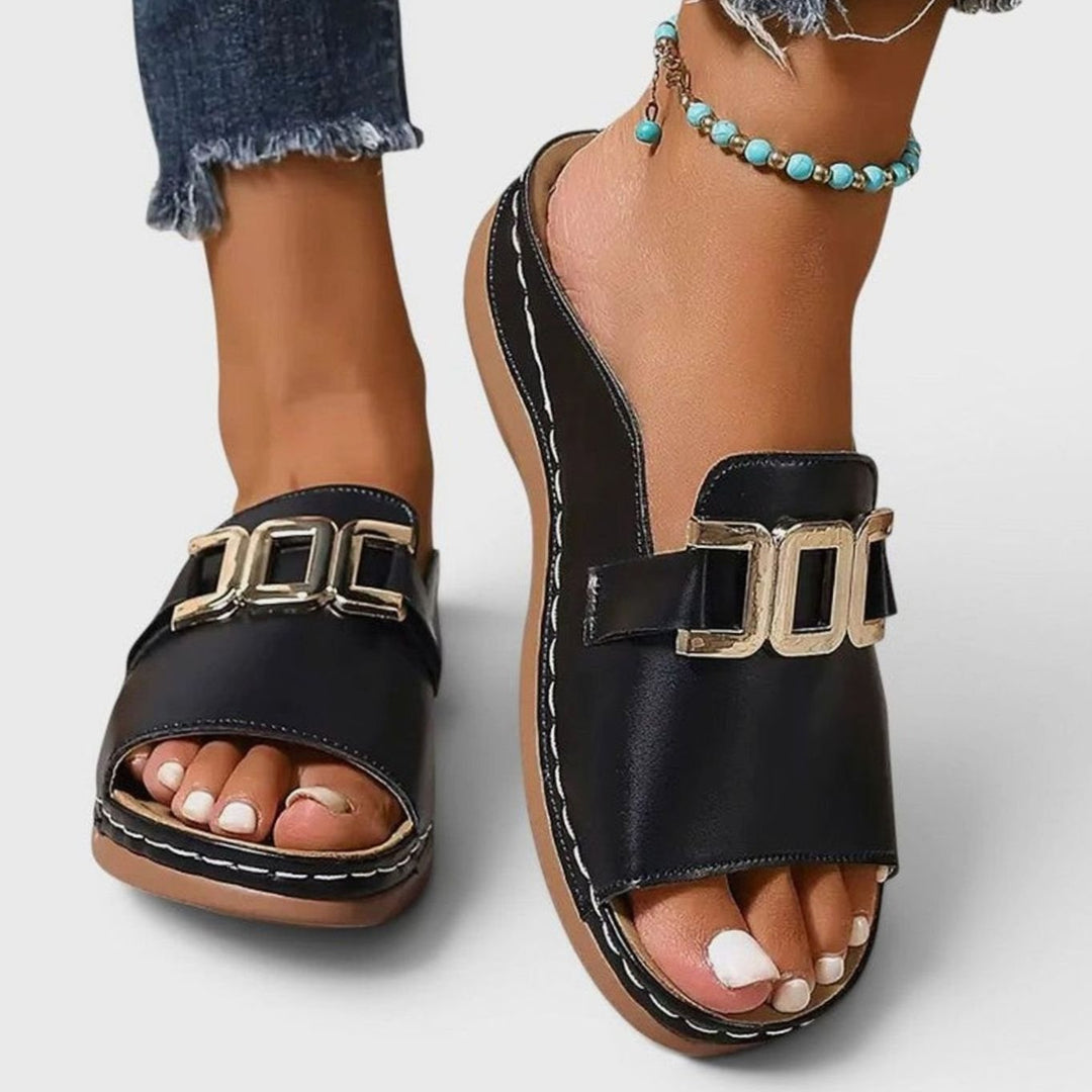 Women's Open-Toe Wedge Heel Slip-On Mules Gold Chain Buckle