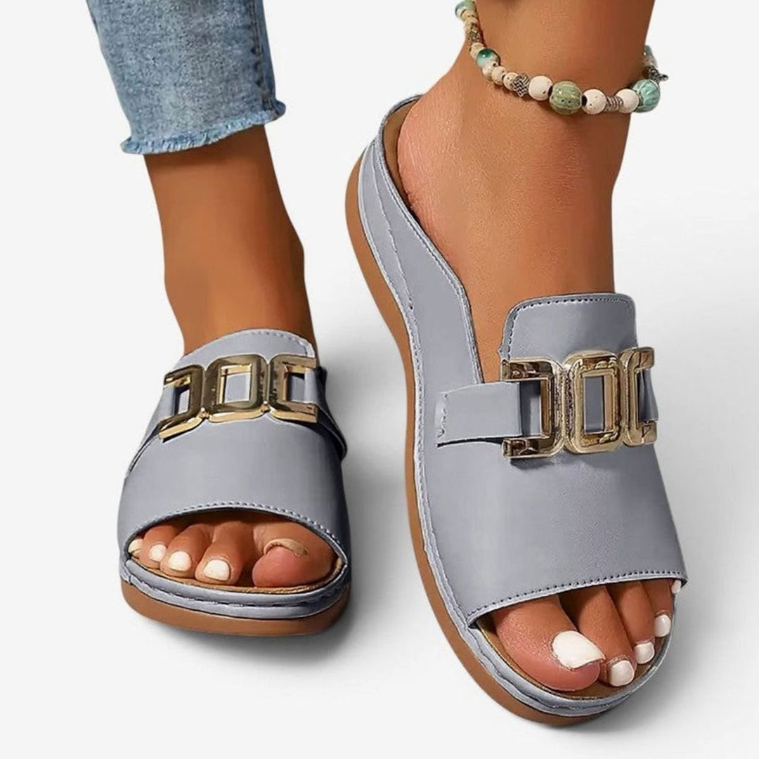 Women's Open-Toe Wedge Heel Slip-On Mules Gold Chain Buckle