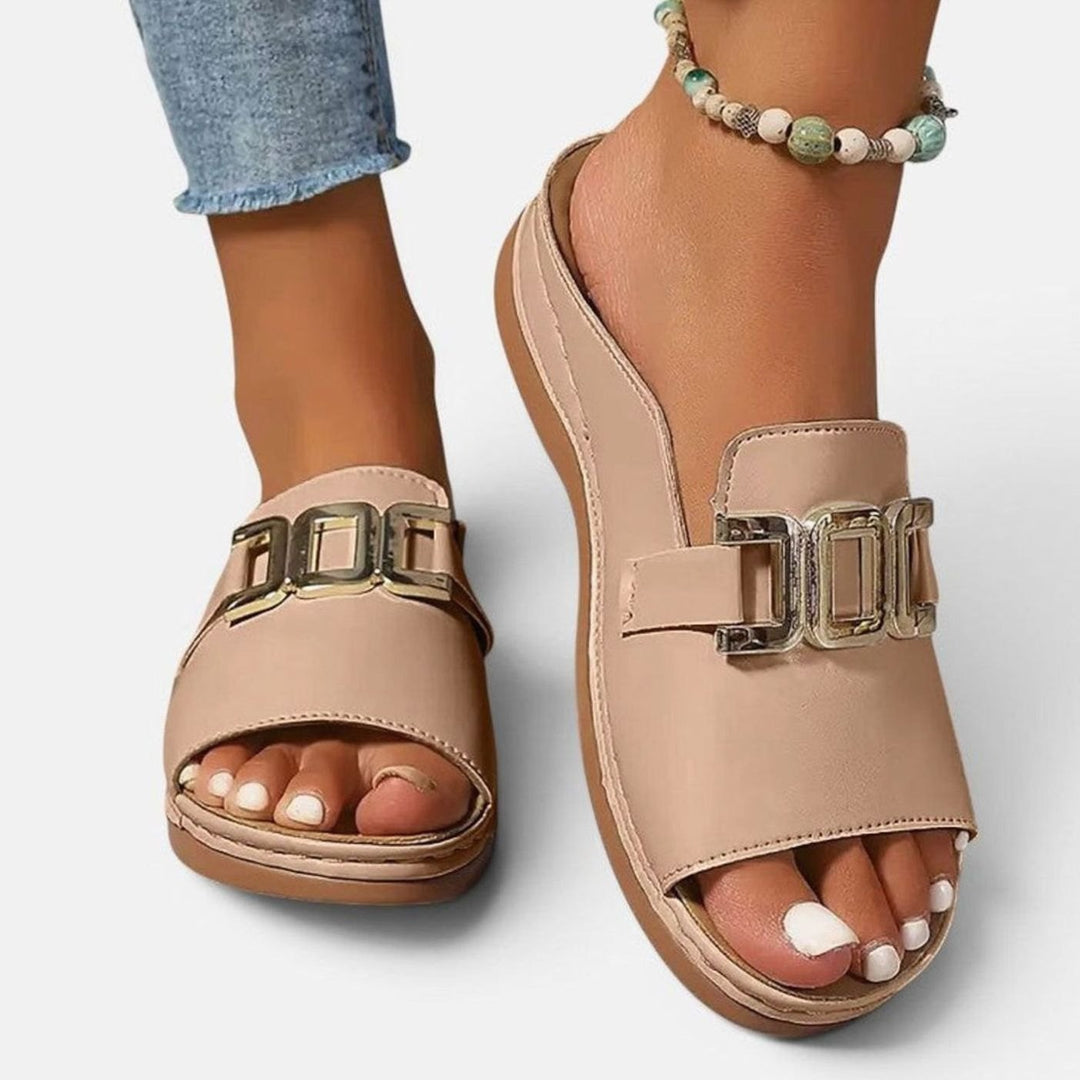 Women's Open-Toe Wedge Heel Slip-On Mules Gold Chain Buckle