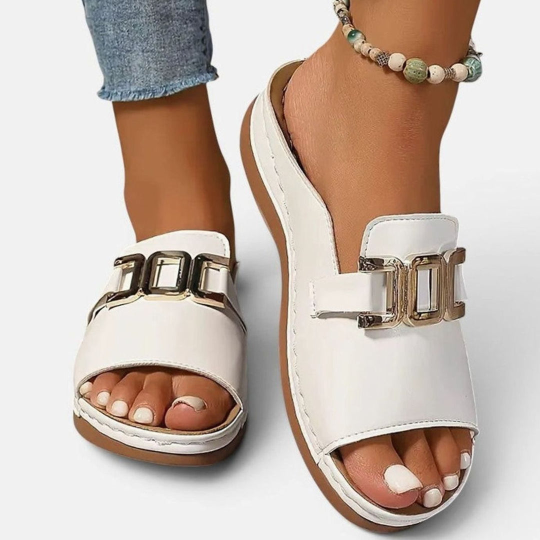 Women's Open-Toe Wedge Heel Slip-On Mules Gold Chain Buckle