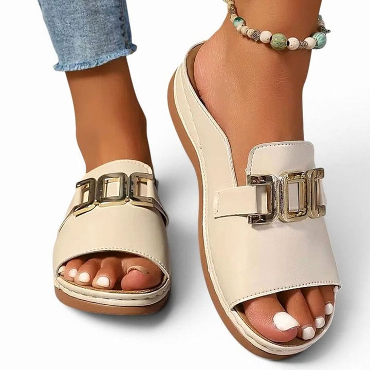 Women's Open-Toe Wedge Heel Slip-On Mules Gold Chain Buckle