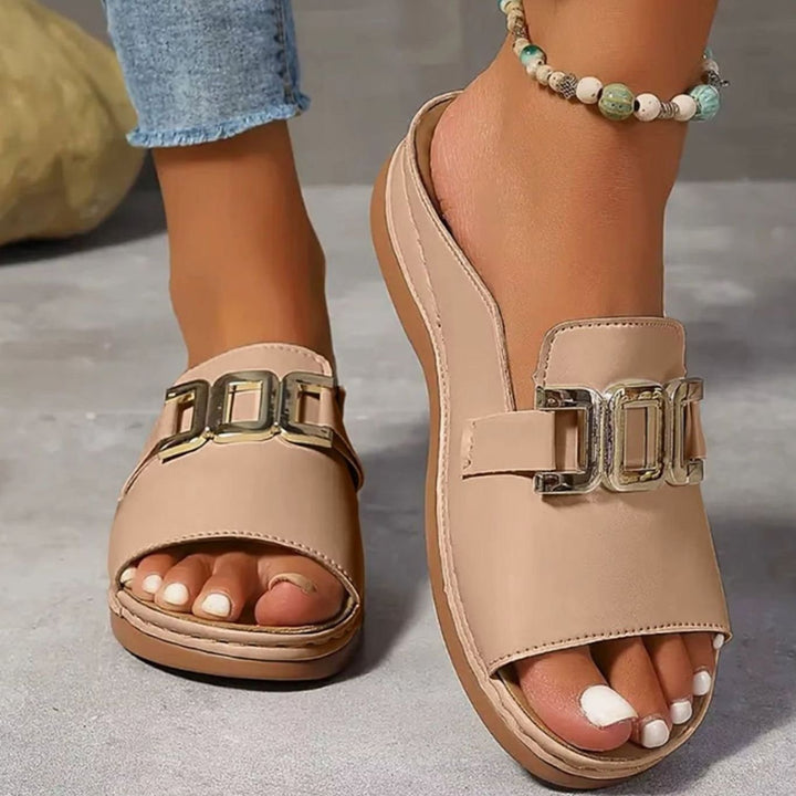 Women's Open-Toe Wedge Heel Slip-On Mules Gold Chain Buckle
