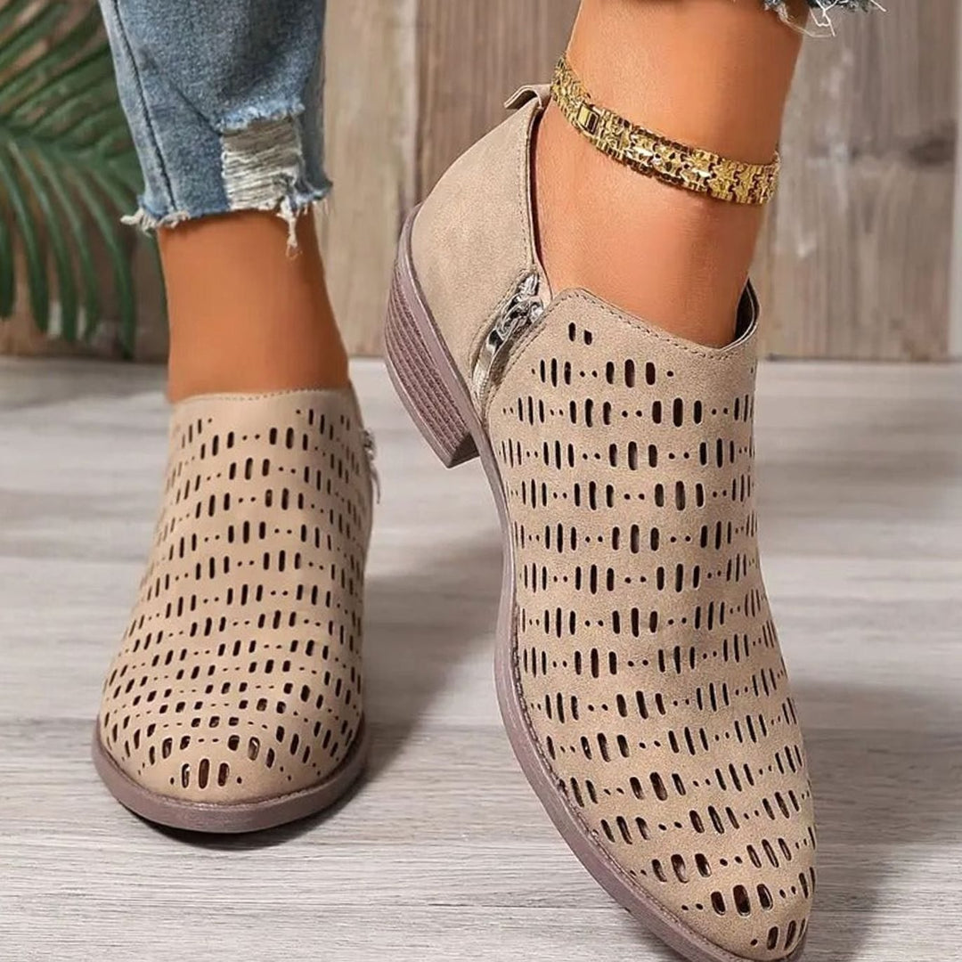 Women's Orthopedic Ankle Boots Laser-Cut Side-Zip Block Heel - Beige