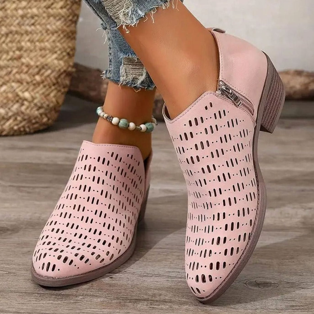 Women's Orthopedic Ankle Boots Laser-Cut Side-Zip Block Heel - Pink