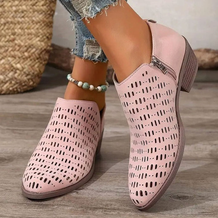 Women's Orthopedic Ankle Boots Laser-Cut Side-Zip Block Heel - Pink