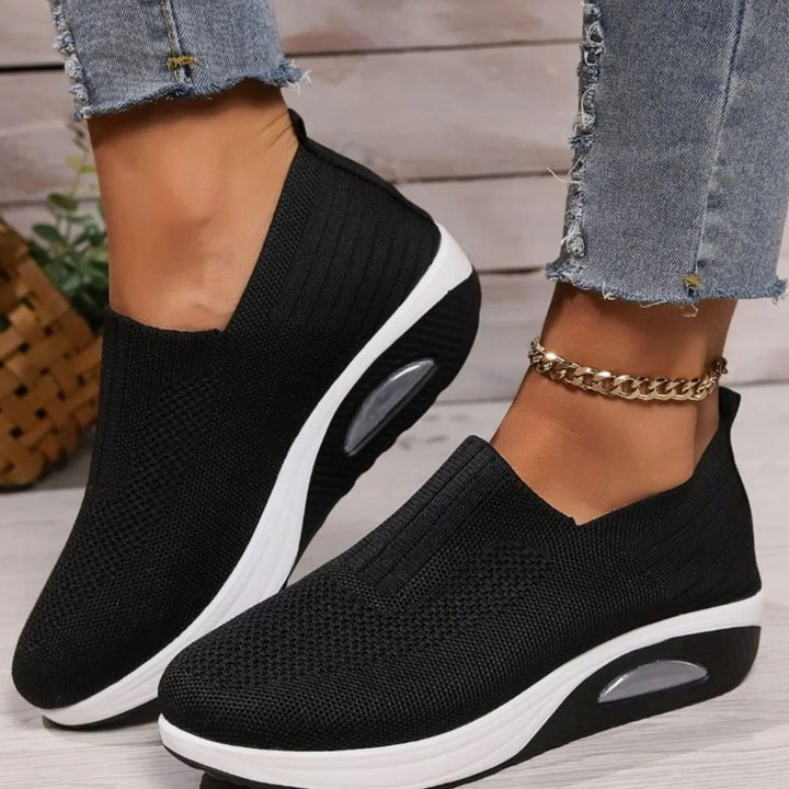 Women's Orthopedic Breathable Mesh Slip-On Wedge Trainers - Black