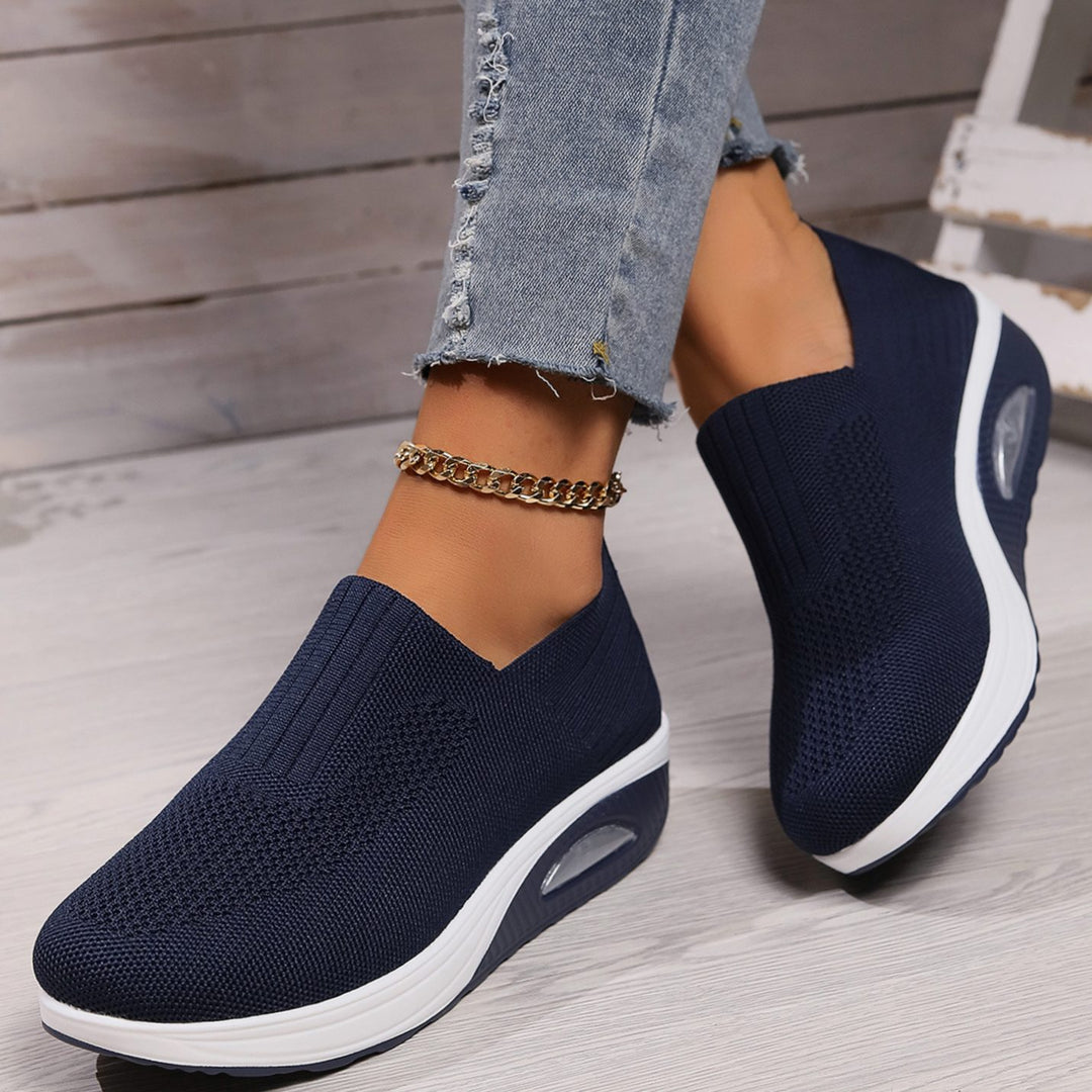 Women's Orthopedic Breathable Mesh Slip-On Wedge Trainers - Navy Blue