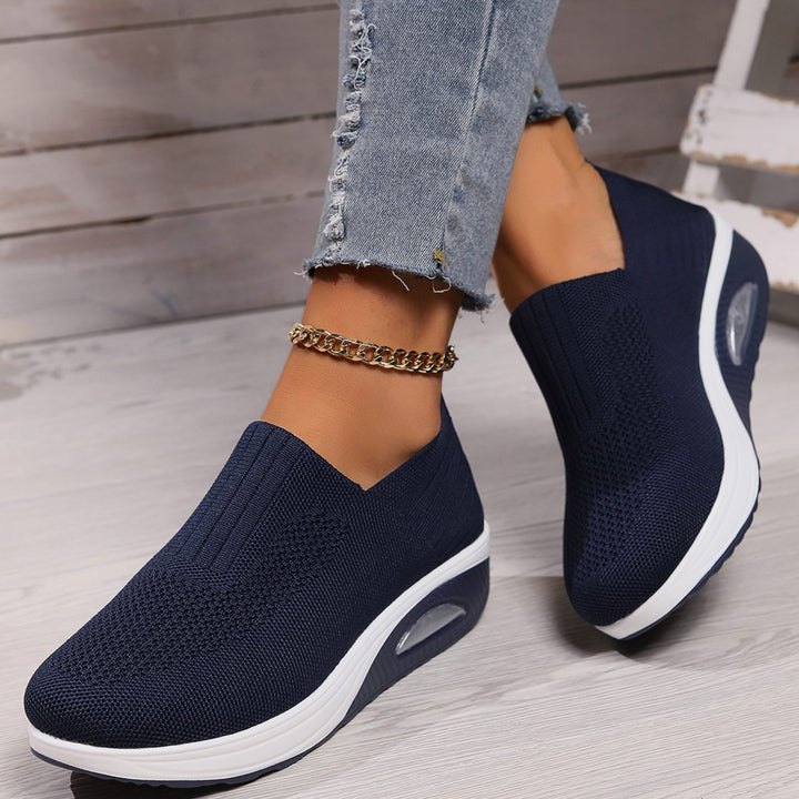 Women's Orthopedic Breathable Mesh Slip-On Wedge Trainers - Navy Blue